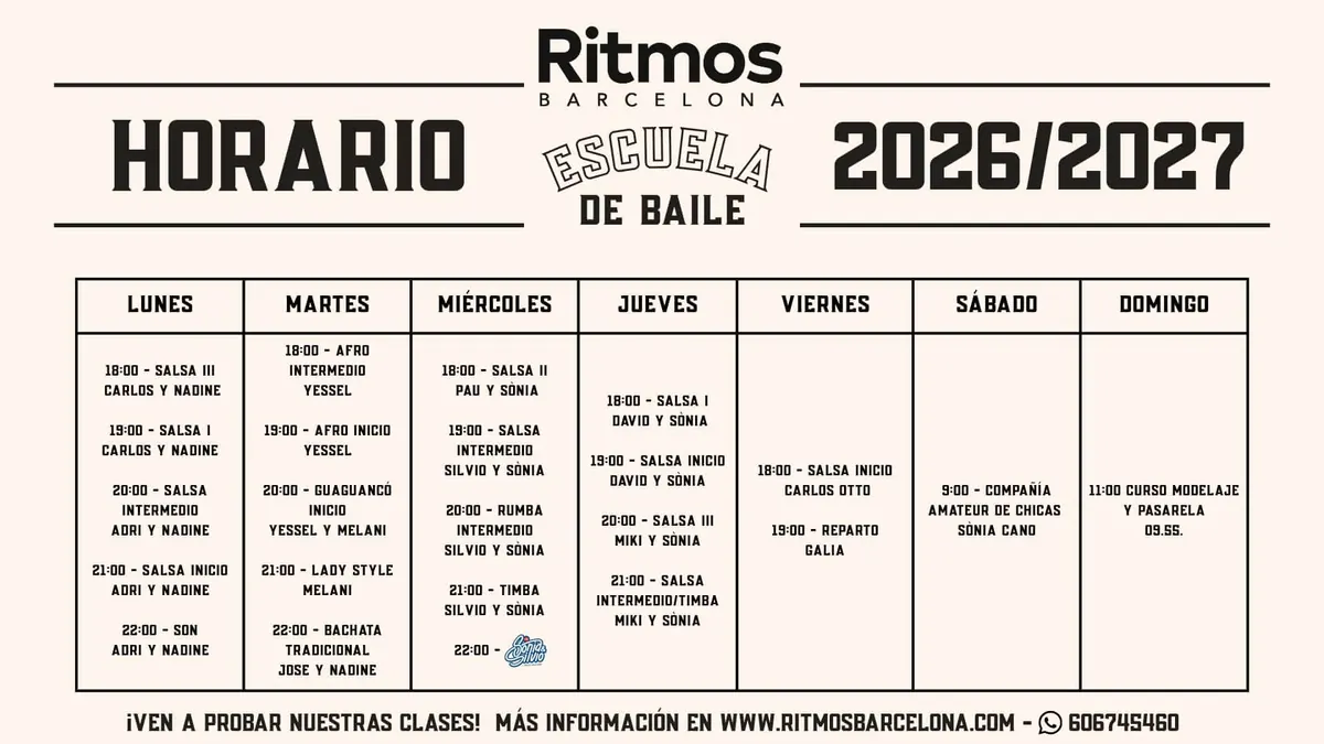 Horario de clases de Ritmos Barcelona para la temporada 2026/2027
